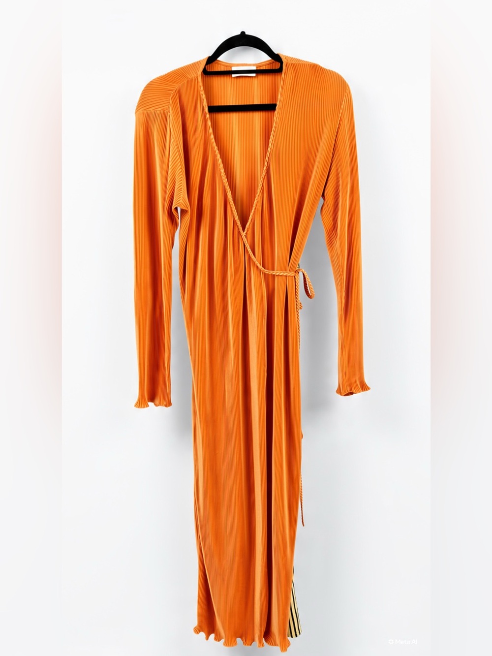 Orange Long Sleeve Plisse Wrap Dress